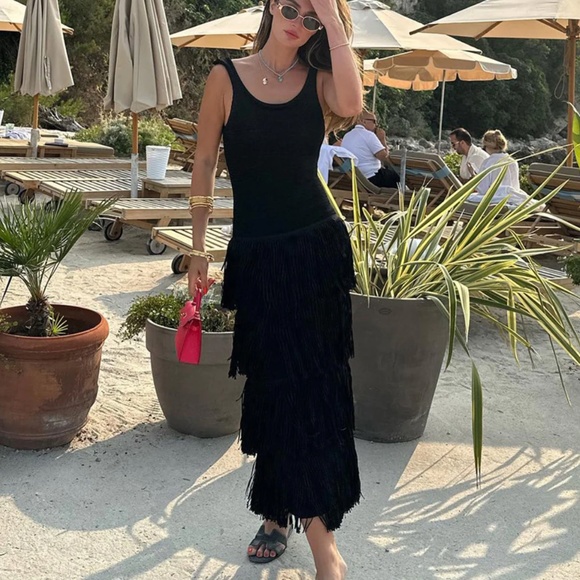 Black Fringed Sleeveless Midi Dress - Picture 1 of 7